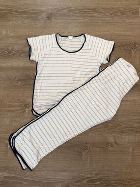 Lake Adult White and Light Blue Striped Pajama Set with Navy Trim